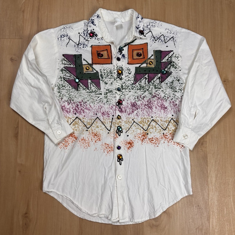 VTG Western Bling Women's Button Down Shirt Small Puffy Paint Aztec Colorful USA